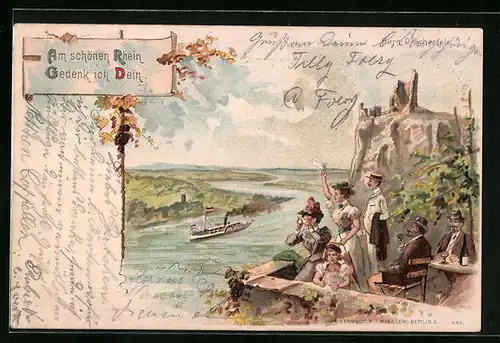 Lithographie Königswinter, Burg Drachenfels mit Rheindampfer