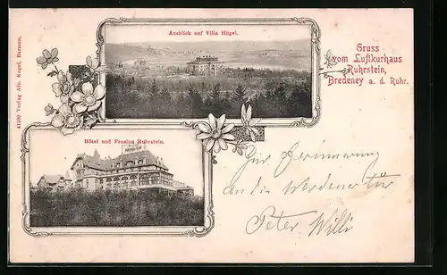 AK Bredeney a. d. Ruhr, Ausblick auf Villa Hügel, Hôtel und Pension Ruhrstein