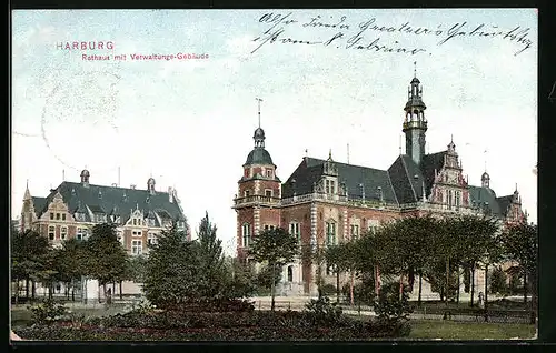 AK Harburg, Rathaus mit Verwaltungs-Gebäude und Park