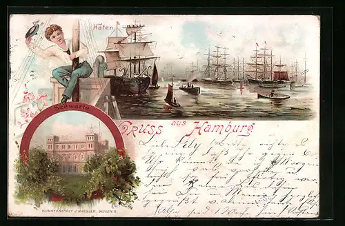 Lithographie Hamburg, Hafen mit jungem Matrosenund Seewarte