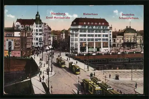 AK Hamburg-St.Georg, Bieberhaus und Strassenbahnen in der Ernst Merckstrasse