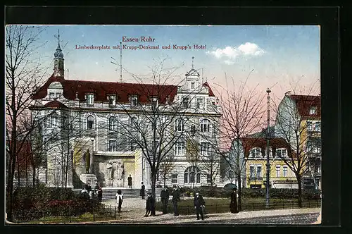 AK Essen /Ruhr, Limbeckerplatz mit Krupp-Denkmal und Krupps Hotel