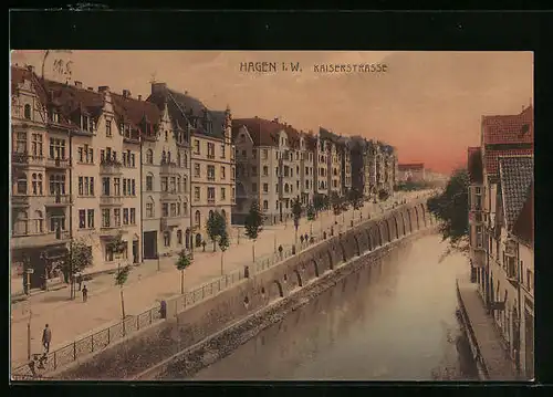 AK Hagen i. W., Abendstimmung in der Kaiserstrasse