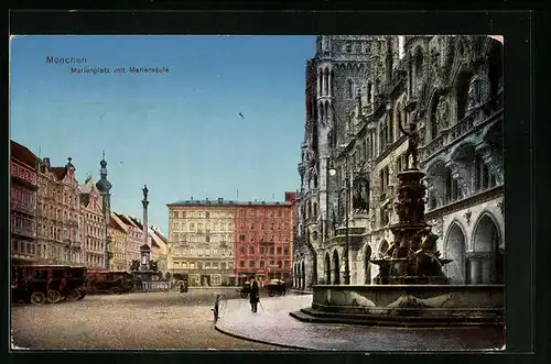 AK München, Marienplatz mit Mariensäule und Brunnen