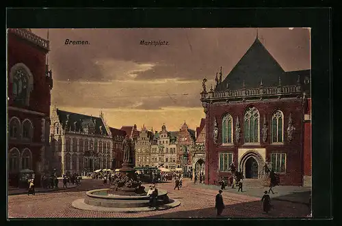 AK Bremen, Marktplatz mit Brunnen