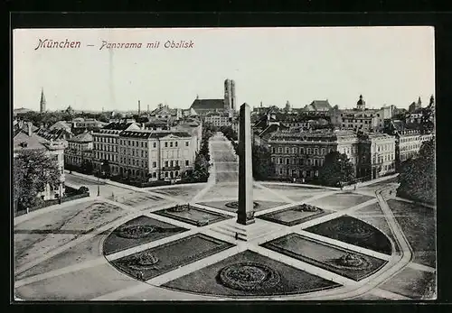 AK München, Panorama mit Obelisk