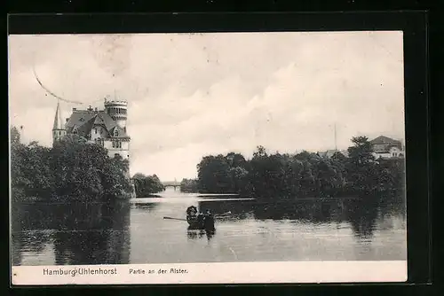 AK Hamburg-Uhlenhorst, Partie an der Alster mit Boot