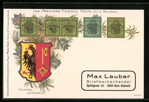 Künstler-AK Bern, Max Lauber Briefmarkenhandel, Spitalgasse 16, Wappen von Genf, Briefmarken