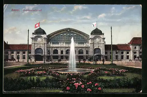 AK Basel, Bundesbahnhof mit Fontäne