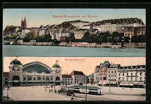 AK Basel, Rheinansicht mit Münster, Bundesbahnhof mit Strassenbahn