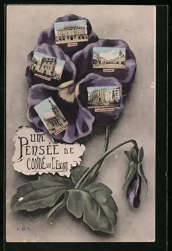 Blumengruss-AK Condé-sur-l`Escaut, L`Hotel de Ville, La Place d`Armes