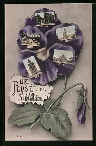 Blumengruss-AK St-Amand-Thermal, Hotel de Ville, La Grande Place