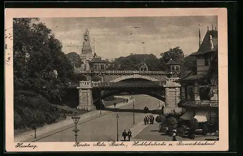 AK Hamburg-St.Pauli, Kersten Miles Brücke, Hochbahnbrücke und Bismarckdenkmal