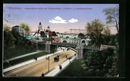AK Hamburg, Helgoländer-Allee mit Hochbahnhof, Hafentor und Landungsbrücke