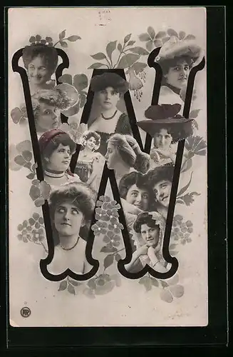 Künstler-AK Frauenköpfe im Buchstaben W, Blumen