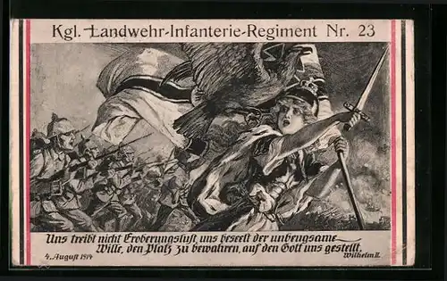 Künstler-AK Kgl. Landwehr-Infanterie-Regiment Nr. 23 - Schlachtenszene mit Germania als Anführerin