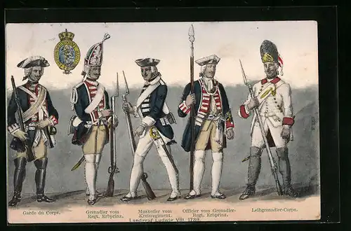 Künstler-AK Uniformen der versch. Regimenter unter Landgraf Ludwig VIII., 1739
