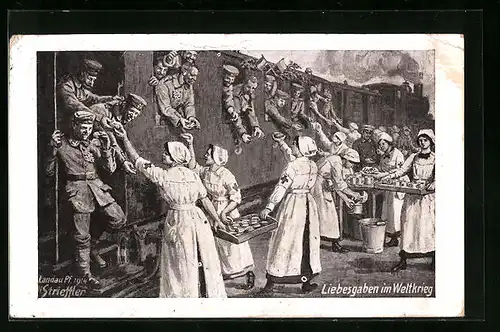 Künstler-AK sign. H. Strieffler: Liebesgaben im Weltkrieg, Schwestern des Roten Kreuzes
