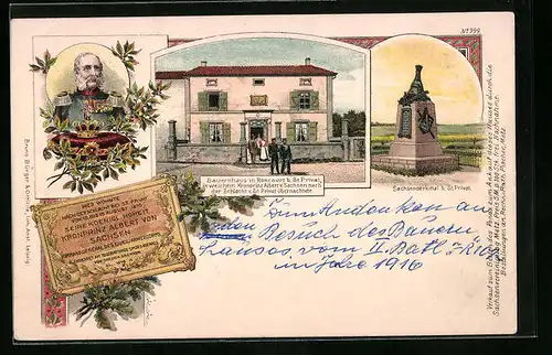 Lithographie Roncourt, Bauernhaus in dem Kronprinz Albert von Sachsen übernachtete, Sachsendenkmal