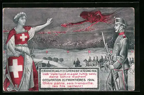 AK Erinnerung an die Grenzbesetzung 1914, schweizer Soldat mit der Helvetia