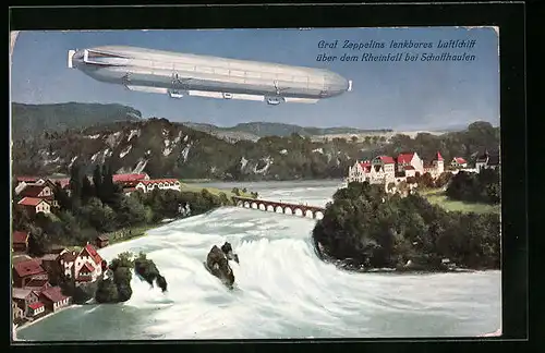 AK Schaffhausen, Graf Zeppelins lenkbares Luftschiff über dem Rheinfall