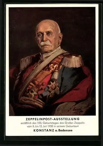 Künstler-AK Konstanz a. Bodensee, Zeppelinpost-Ausstellung 1938, Graf Zeppelin in Gala-Uniform