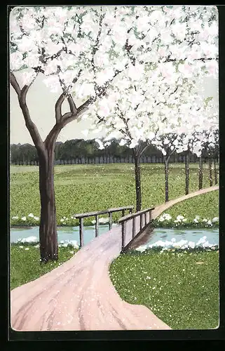 Künstler-AK Handgemalt: Blühende Bäume mit Flusspartie, Schablonenmalerei