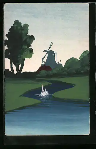 Künstler-AK Handgemalt: Flusspartie mit Schwan und Windmühle, Schablonenmalerei