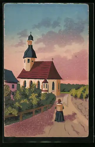 Künstler-AK Handgemalt: Dame mit Kirche, Schablonenmalerei
