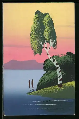 Künstler-AK Handgemalt: Birke am Ufer in Abendstimmung, Schablonenmalerei