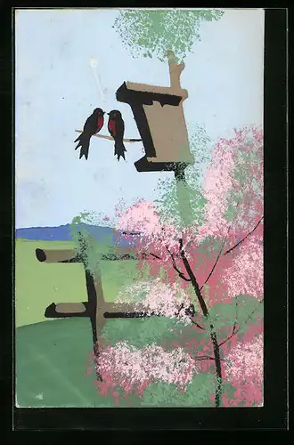 Künstler-AK Handgemalt: Vögel am Vogelhäuschen, Schablonenmalerei