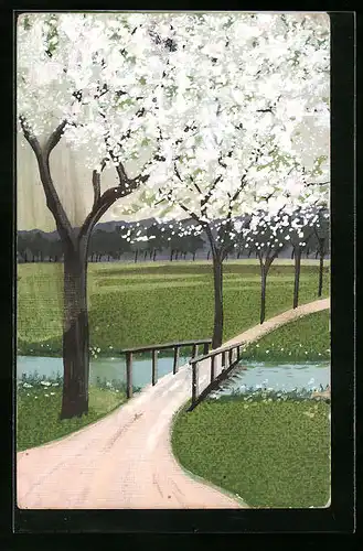 Künstler-AK Handgemalt: Blühende Bäume mit Brücke, Schablonenmalerei