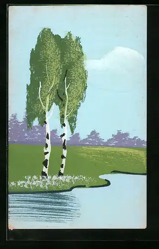 Künstler-AK Handgemalt: Uferpartie mit Birken, Schablonenmalerei