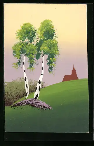 Künstler-AK Handgemalt: Birken mit Kirche, Schablonenmalerei