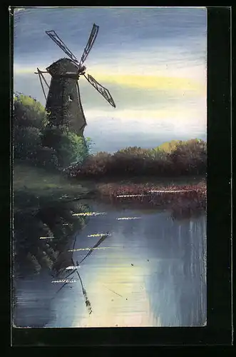 Künstler-AK Handgemalt: Windmühle am Ufer, Schablonenmalerei