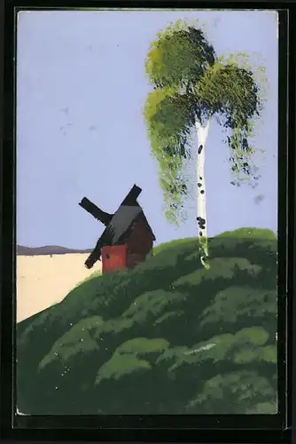 Künstler-AK Handgemalt: Windmühle mit Birke, Schablonenmalerei