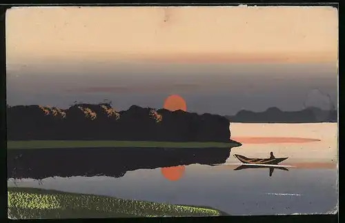 Künstler-AK Handgemalt: Ruderpartie auf einem See bei Sonnenuntergang