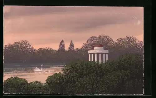 Künstler-AK Handgemalt: Kleiner Tempel und Schwan auf einem Teich