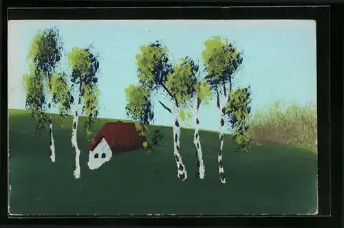 Künstler-AK Handgemalt: Haus inmitten eines Birkenwäldchens