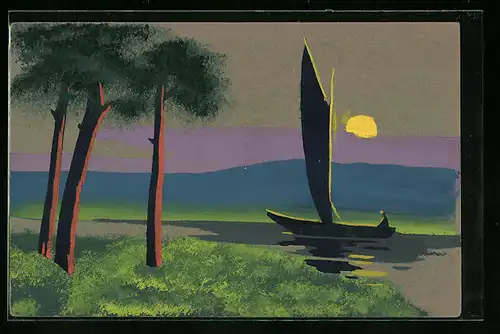 Künstler-AK Handgemalt: Segelboot in Abendstimmung