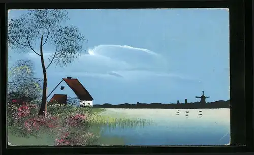 Künstler-AK Handgemalt: Haus an einem See, im Hintergrund eine Windmühle