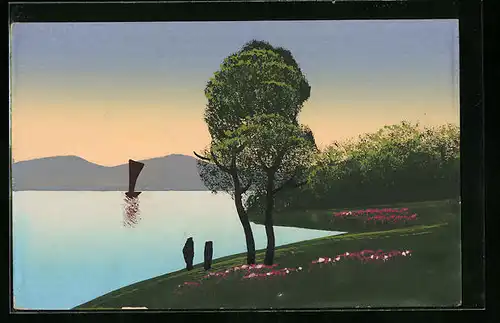 Künstler-AK Handgemalt: Segelboot auf einem See in der Dämmerung