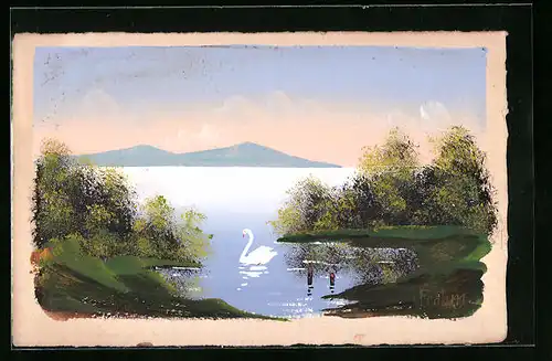 Künstler-AK Handgemalt: Schwan in einem See vor Bergpanorama