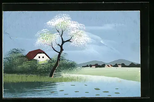 Künstler-AK Handgemalt: Blühender Baum am Ufer