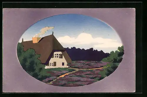 Künstler-AK Handgemalt: Bauernhaus inmitten einer Blumenwiese