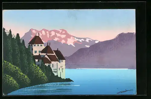 Künstler-AK Handgemalt: Bergsee mit Häusern