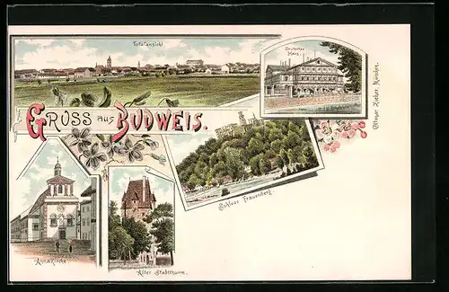 Lithographie Budweis, Totalansicht, Annakirche, Alter Stadtturm, Deutsches Haus und Schloss Frauenberg