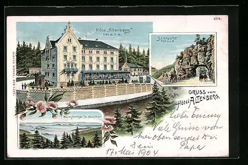 Lithographie Wildenstein, Hotel Altenstein, Schlucht, Blick ins Münstertal