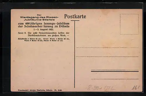 AK Döbeln, 600 jähriges Innungs-Jubiläum 1925, Heinzelmännchen helfen bei der Anfertigung des Riesen-Stiefels