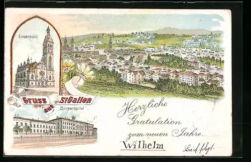 Lithographie St. Gallen, Linsenbühl, Bürgerspital, Panorama